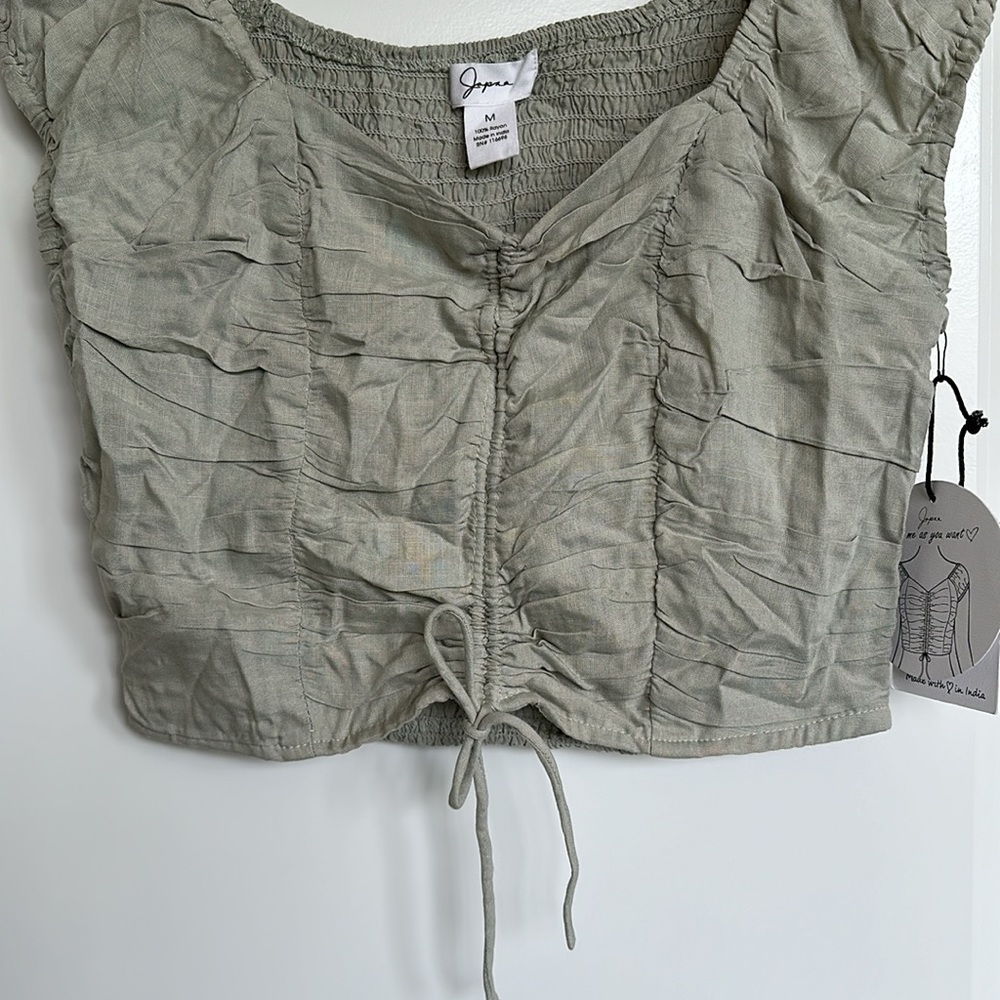 Japna Cinch Front Crop Top sz Medium Smock Back Off Shoulder Cap Sleeve Olive - Picture 9 of 13